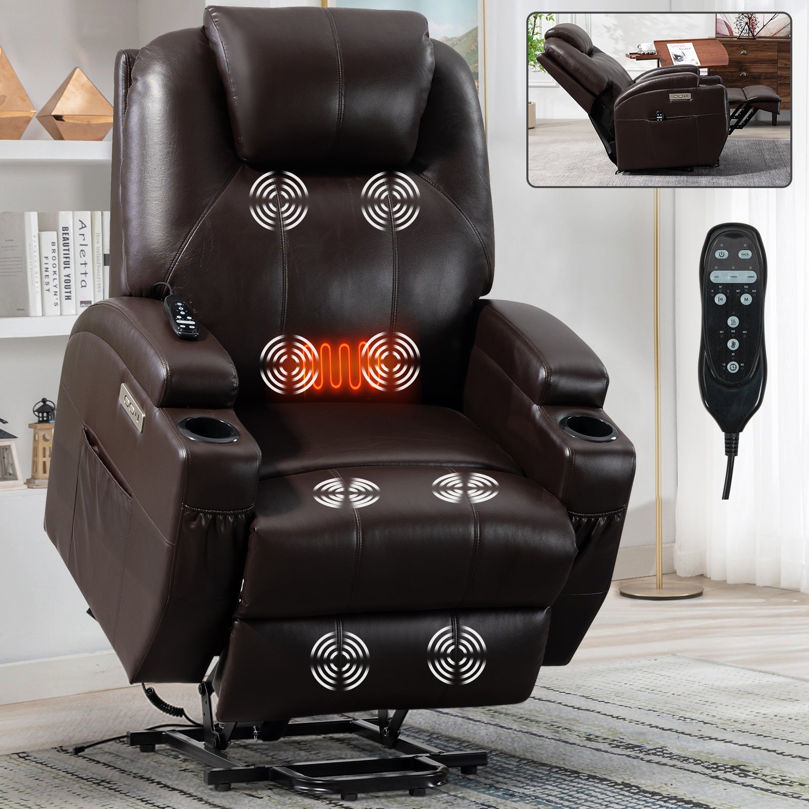 Cypress Faux Leather Power Lift Recliner with Head & Massage, Brown