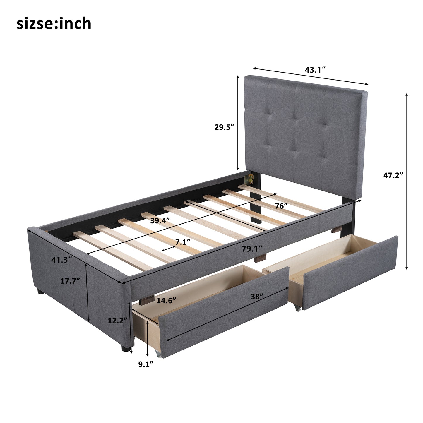 Linda Twin Platform Bed with 2 Storage Drawers - Gray