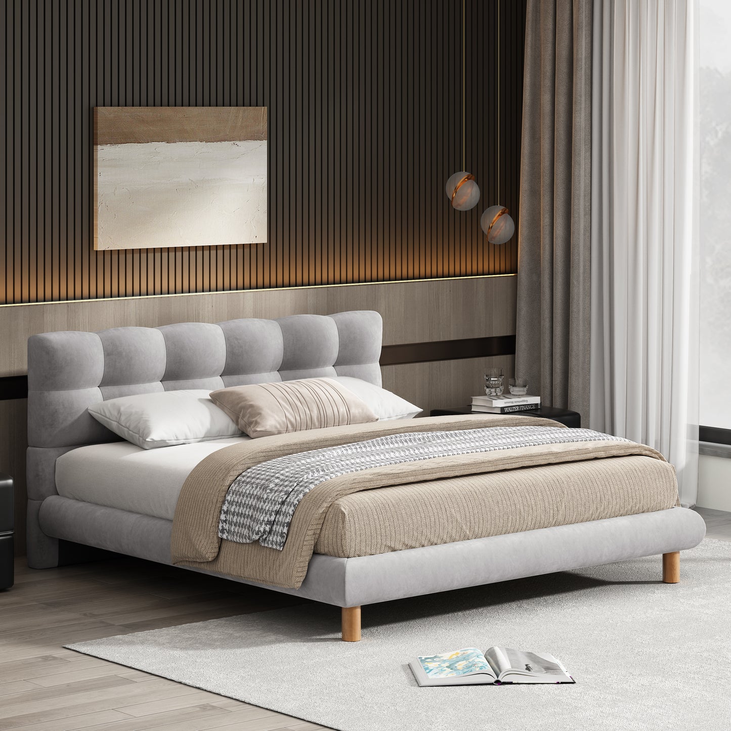 Lorien Mid-Century Modern Full Size Boucle Platform Bed, Gray