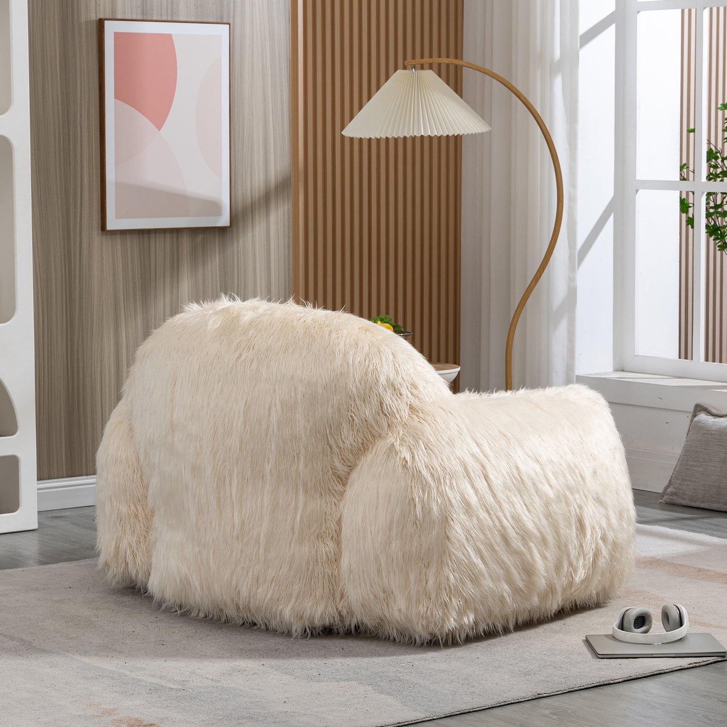 Dashiell Ultra Plush Faux Fur Beanbag Chair, Beige