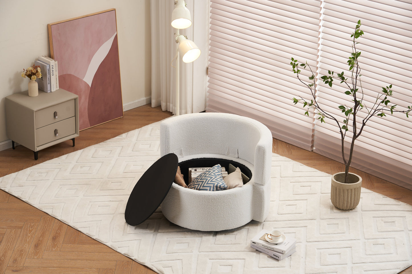 Tilly Teddy Fabric Akili Swivel Chair with Storage - Ivory