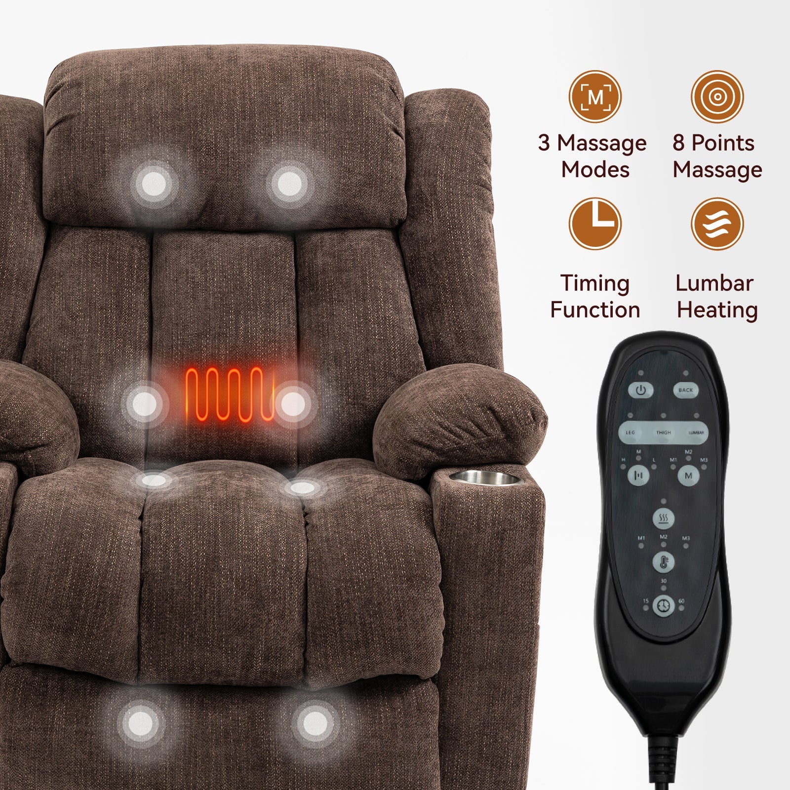 Bexley Chenille Power Lift Recliner with 8-Point Massage & Heat, Brown