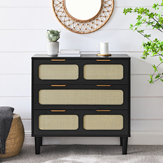 Opal 3-Drawer Accent Chest with Rattan Doors, Black