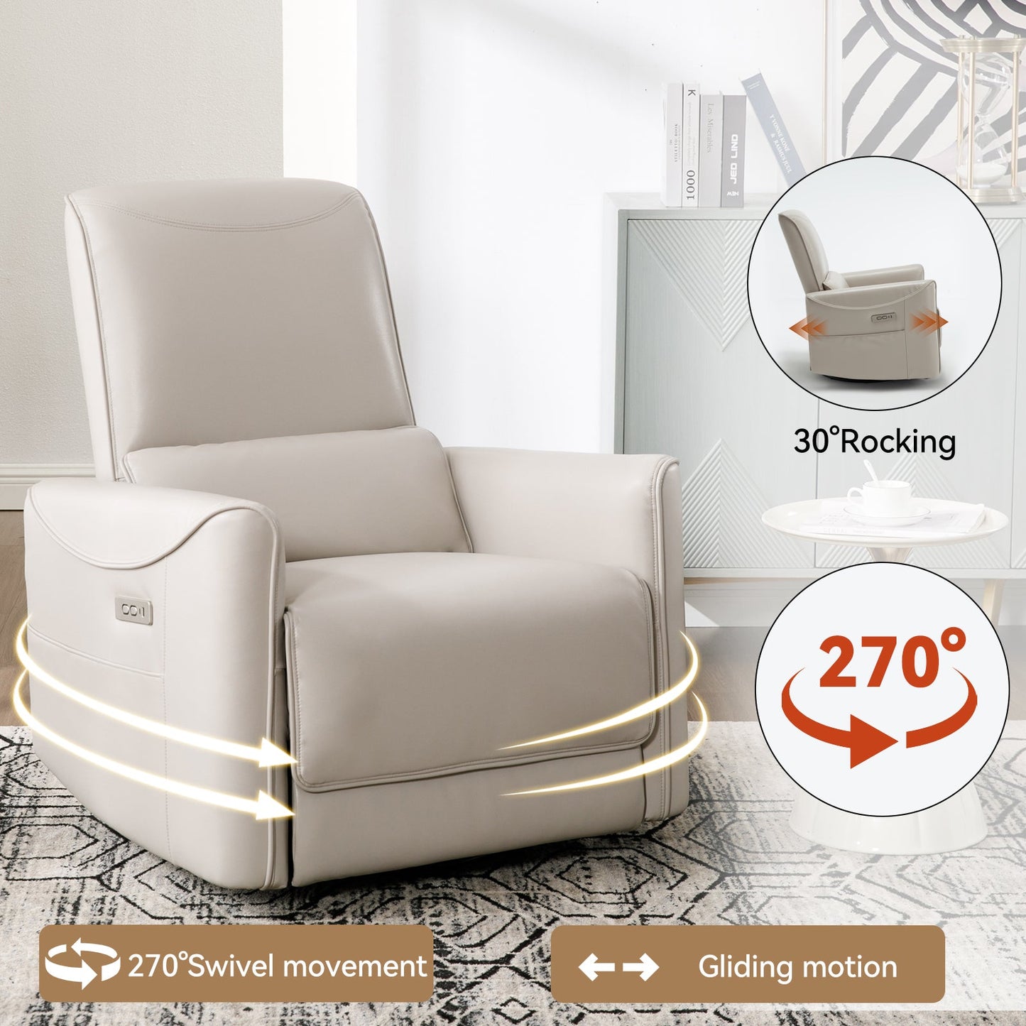 Aven Modern Leatheraire Power Reclining Chair with USB, Beige