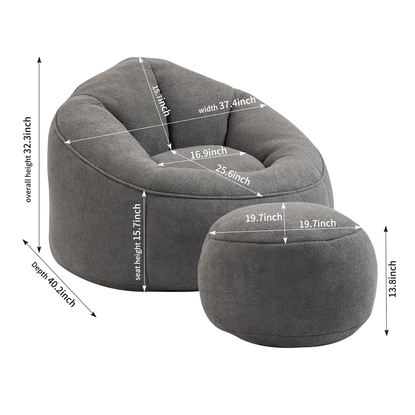 Fox 2-Piece Microfiber Beanbag Chair & Ottoman, Gray