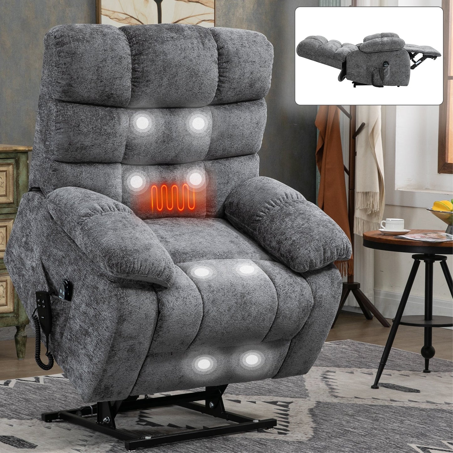 Hollis Chenille Power Lift Recliner with Massage, Gray