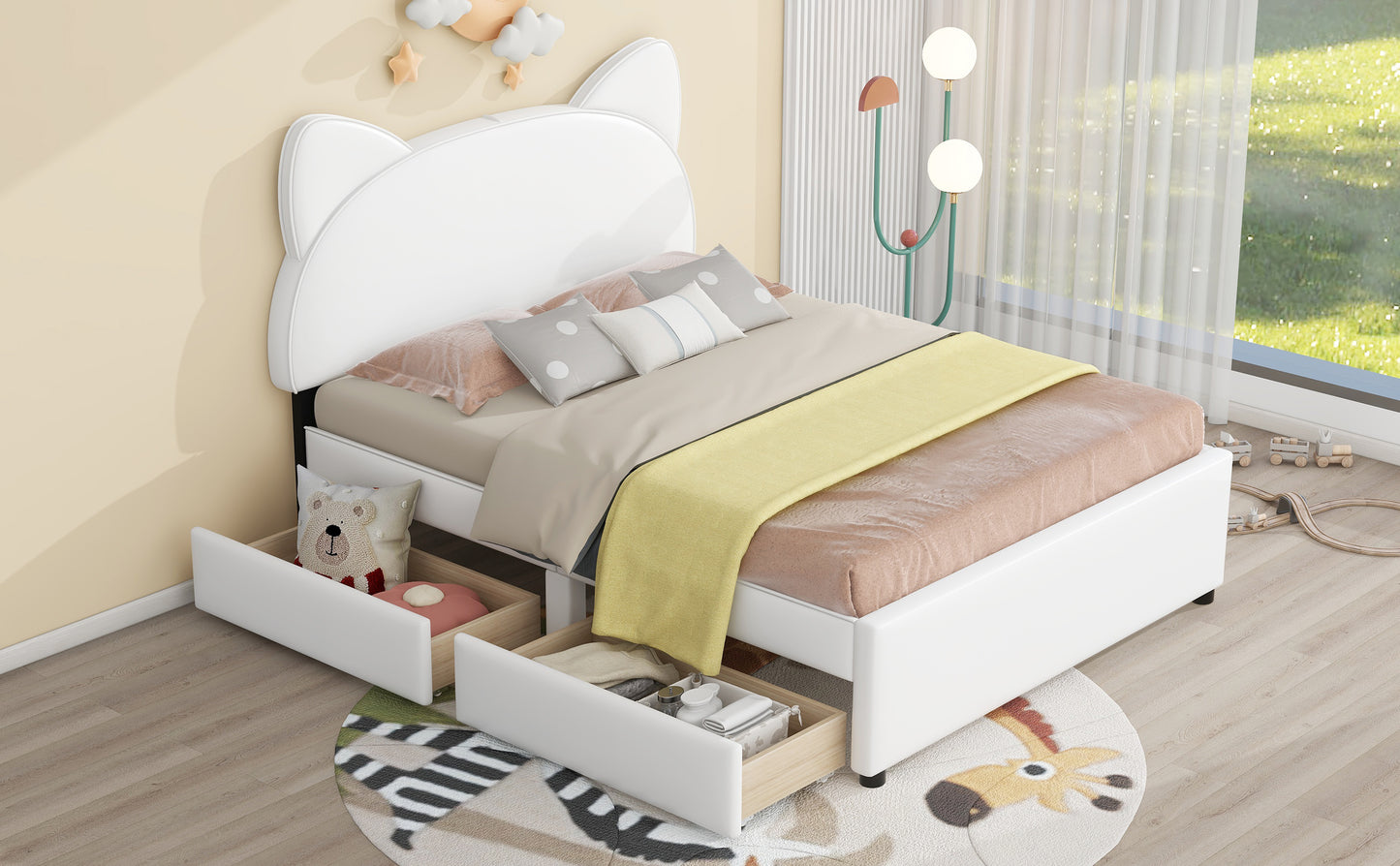 Brandy Full Size Platform Bed with Cartoon Ears - White