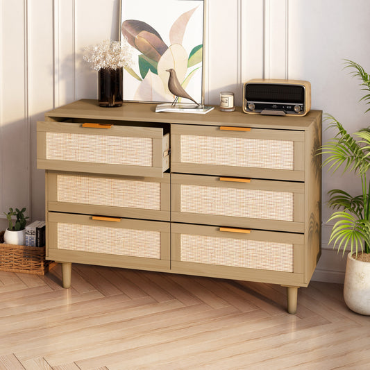 Clarence Mid-Century Modern 6-Drawer Dresser with Rattan - Natural