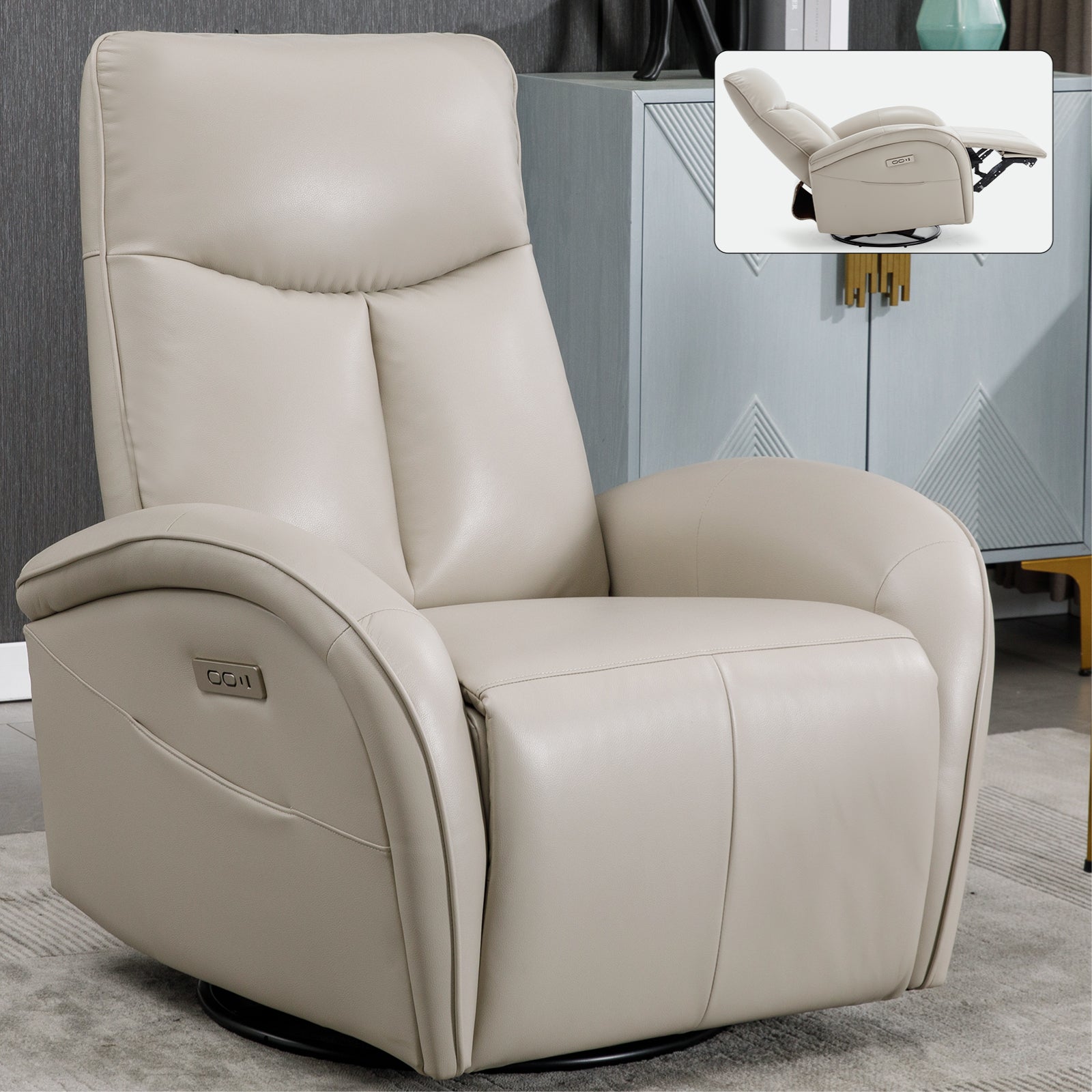 Stellen Faux Leather Power Recliner with Lumbar Support, Beige