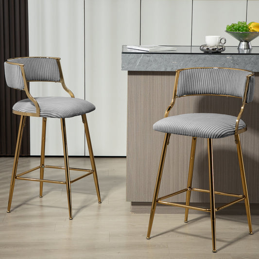 Stylish Corduroy 26" Counter Height Bar Stool with Back and Golden Chrome Base Set of 2 Grey