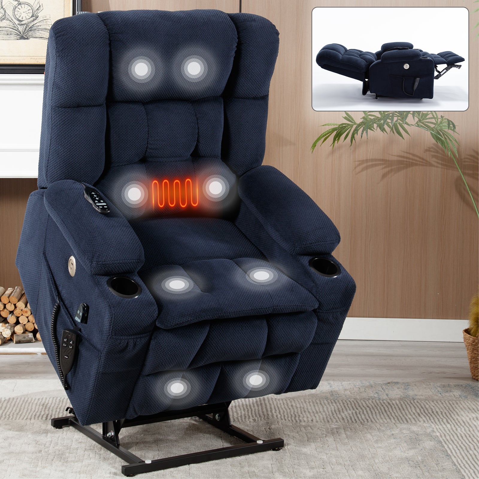 Skyler Chenille Power Lift Recliner with Massage, Blue