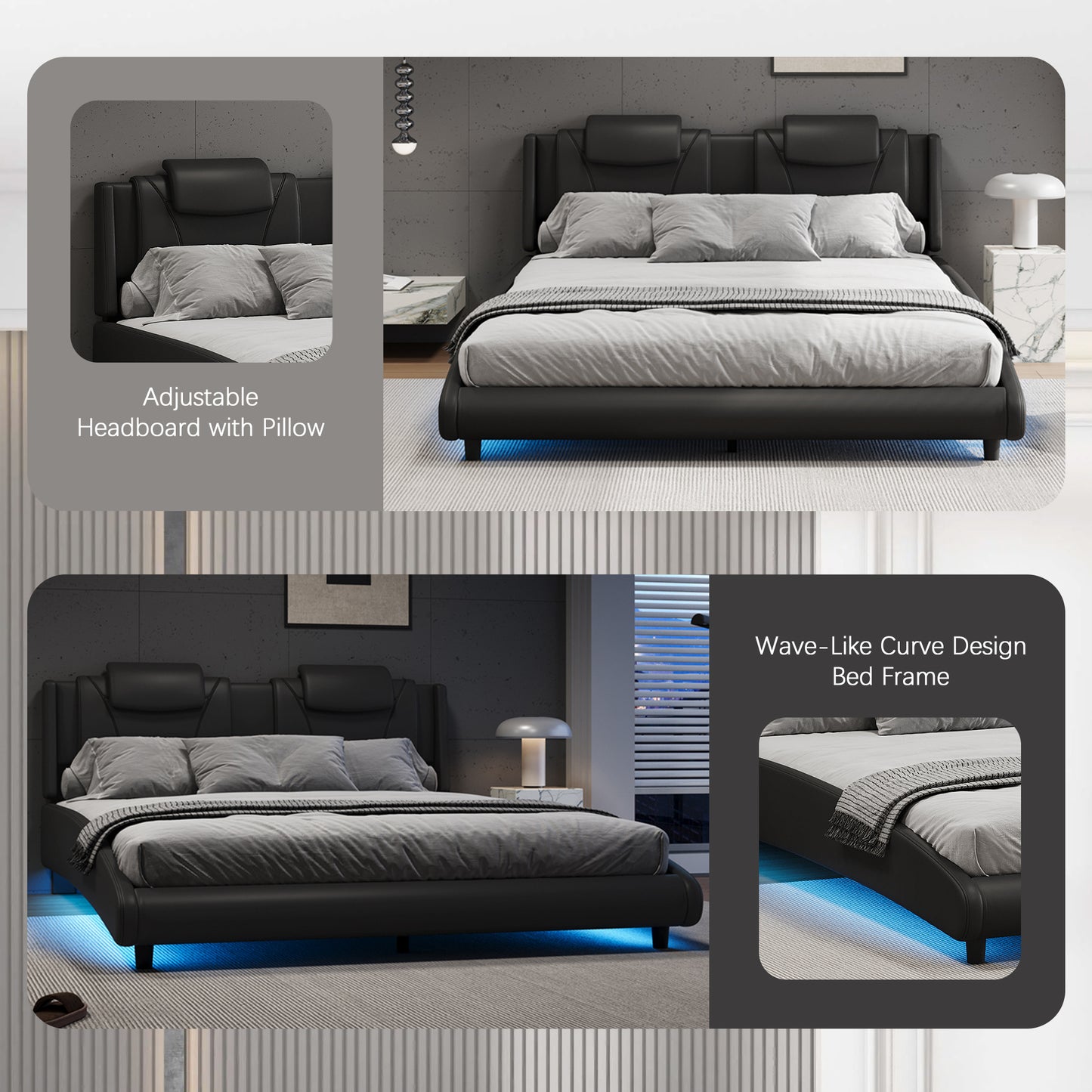 Solace Modern Faux Leather Full Platform Bed with LED Lighting