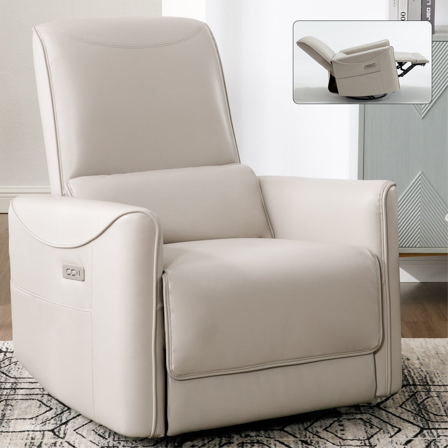 Aven Modern Leatheraire Power Reclining Chair with USB, Beige