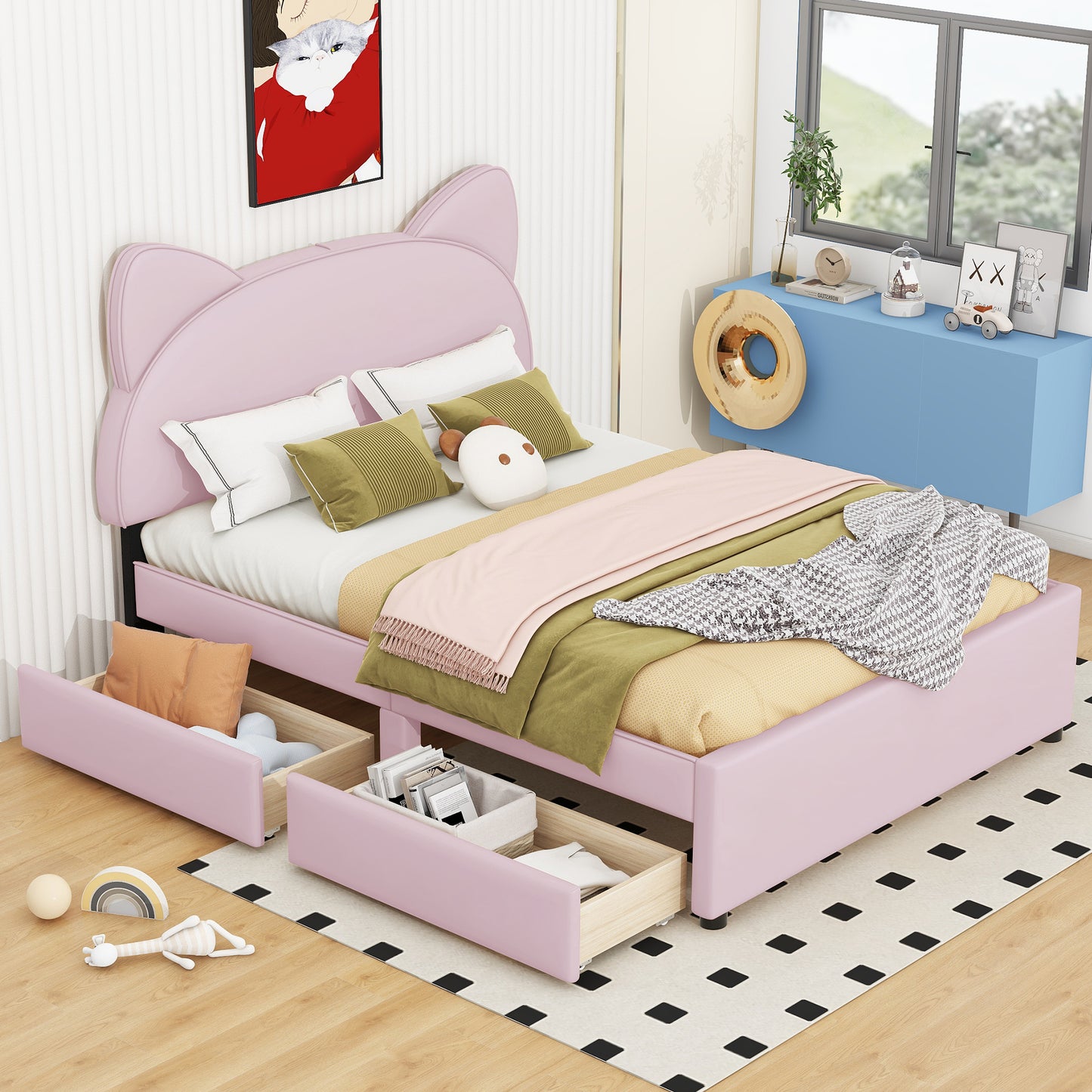 Brandy Full Size Platform Bed with Cartoon Ears - Pink