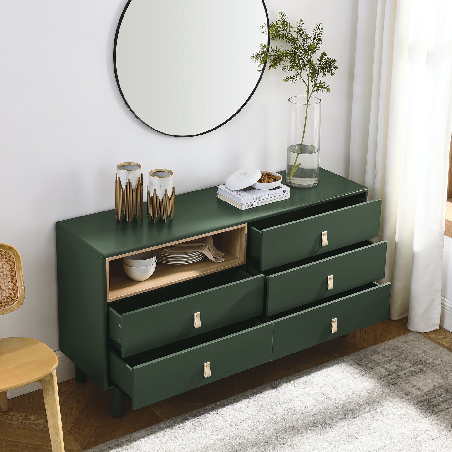 Lillian Modern 5-Drawer Accent Cabinet with Leather Handles, Green