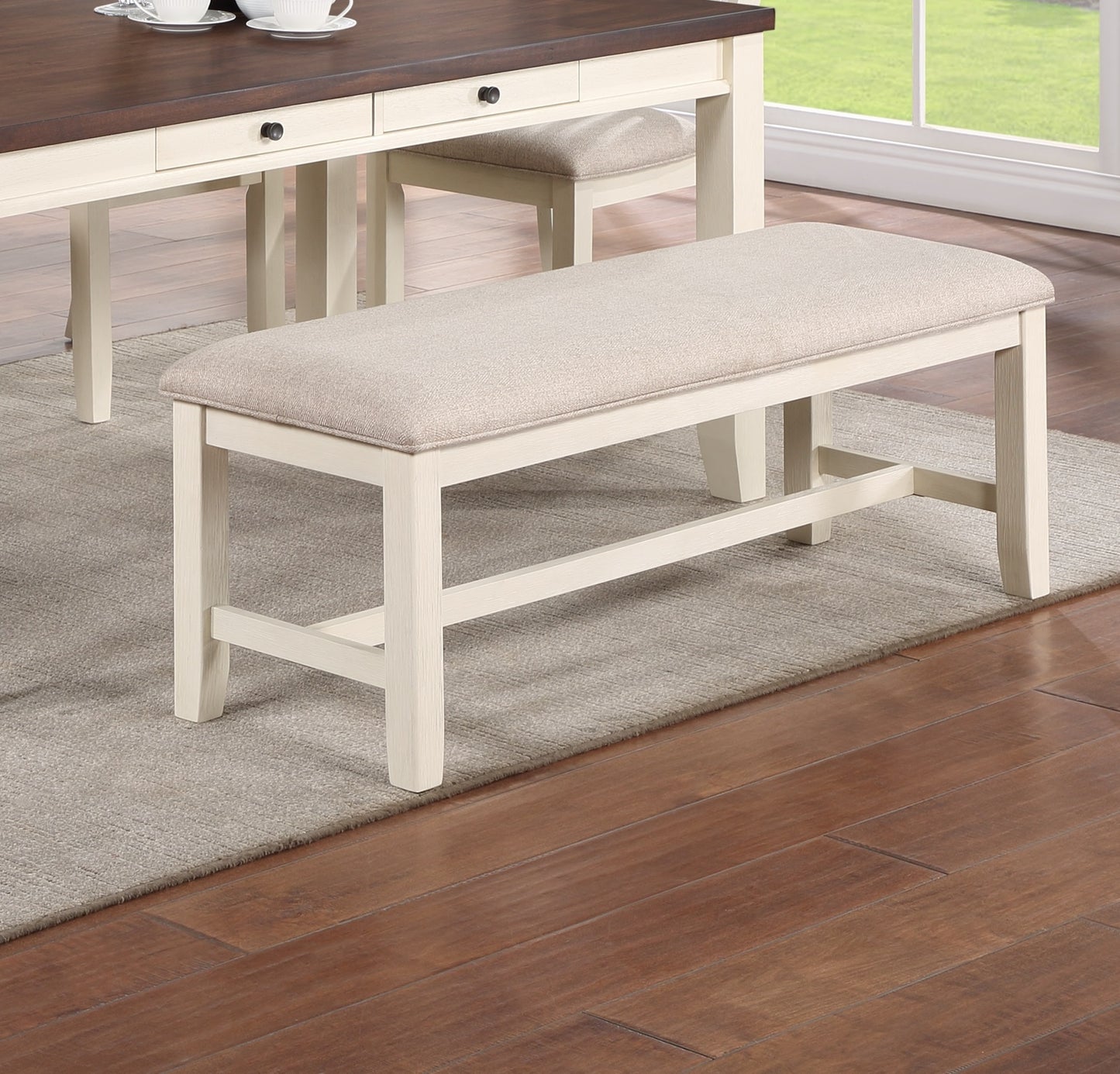 Cresson Farmhouse Dining Bench in White with Beige Seat