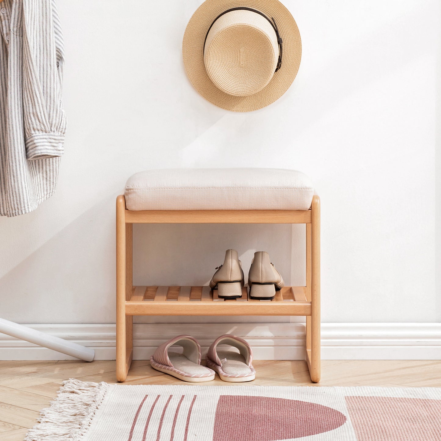 Natural Solid Wood Shoe Bench, Beech Wood Storage Rack Organizer