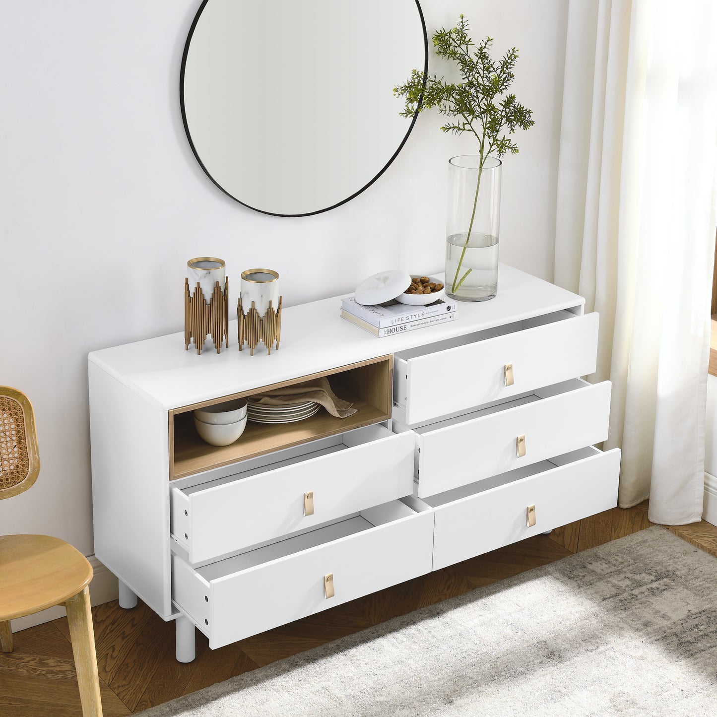 Lillian Modern 5-Drawer Accent Cabinet with Leather Handles, White