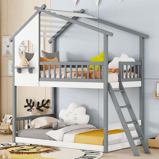 Winslow Twin Over Twin Bunk Bed Wood Bed with Roof, Window, Ladder, White & Gray