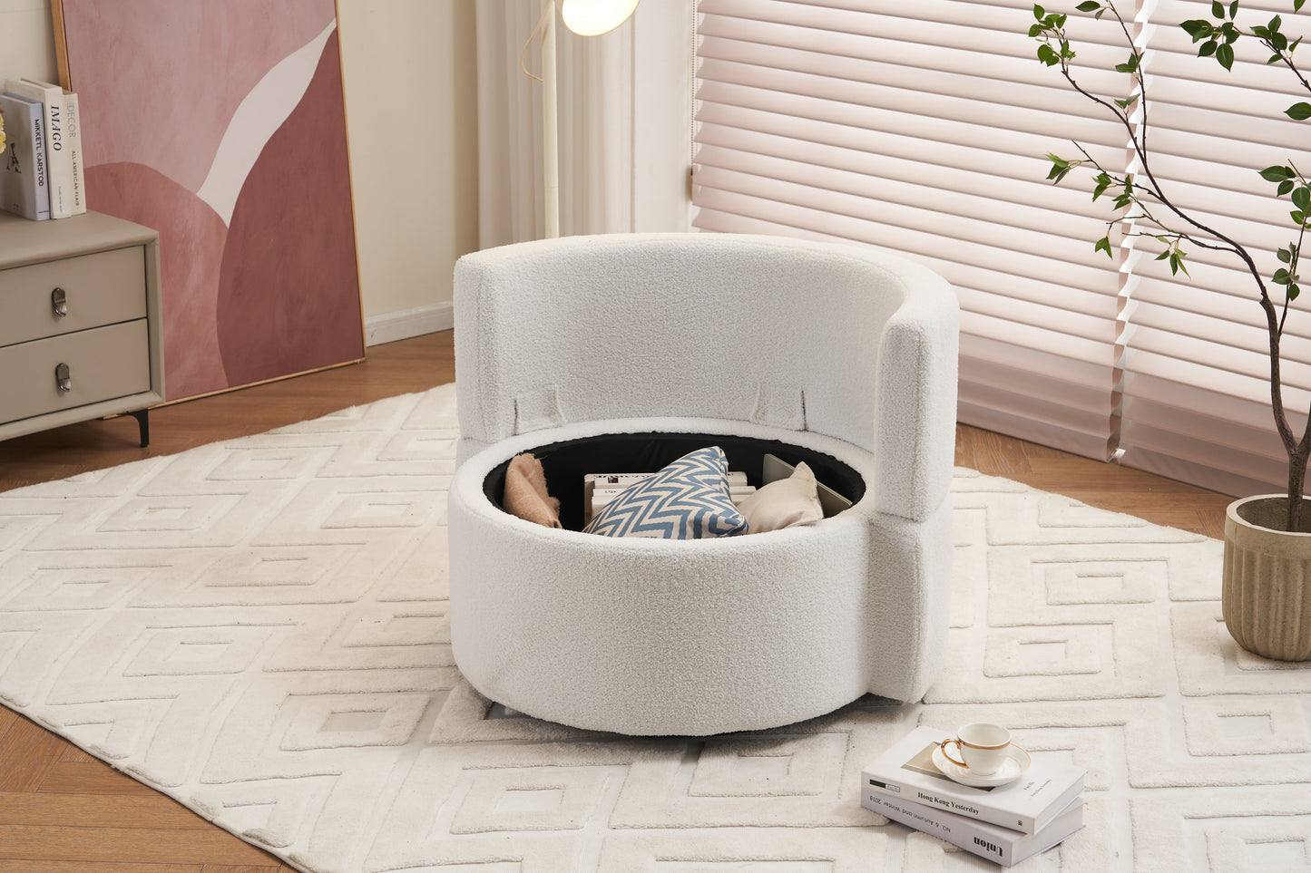 Tilly Teddy Fabric Akili Swivel Chair with Storage - Ivory