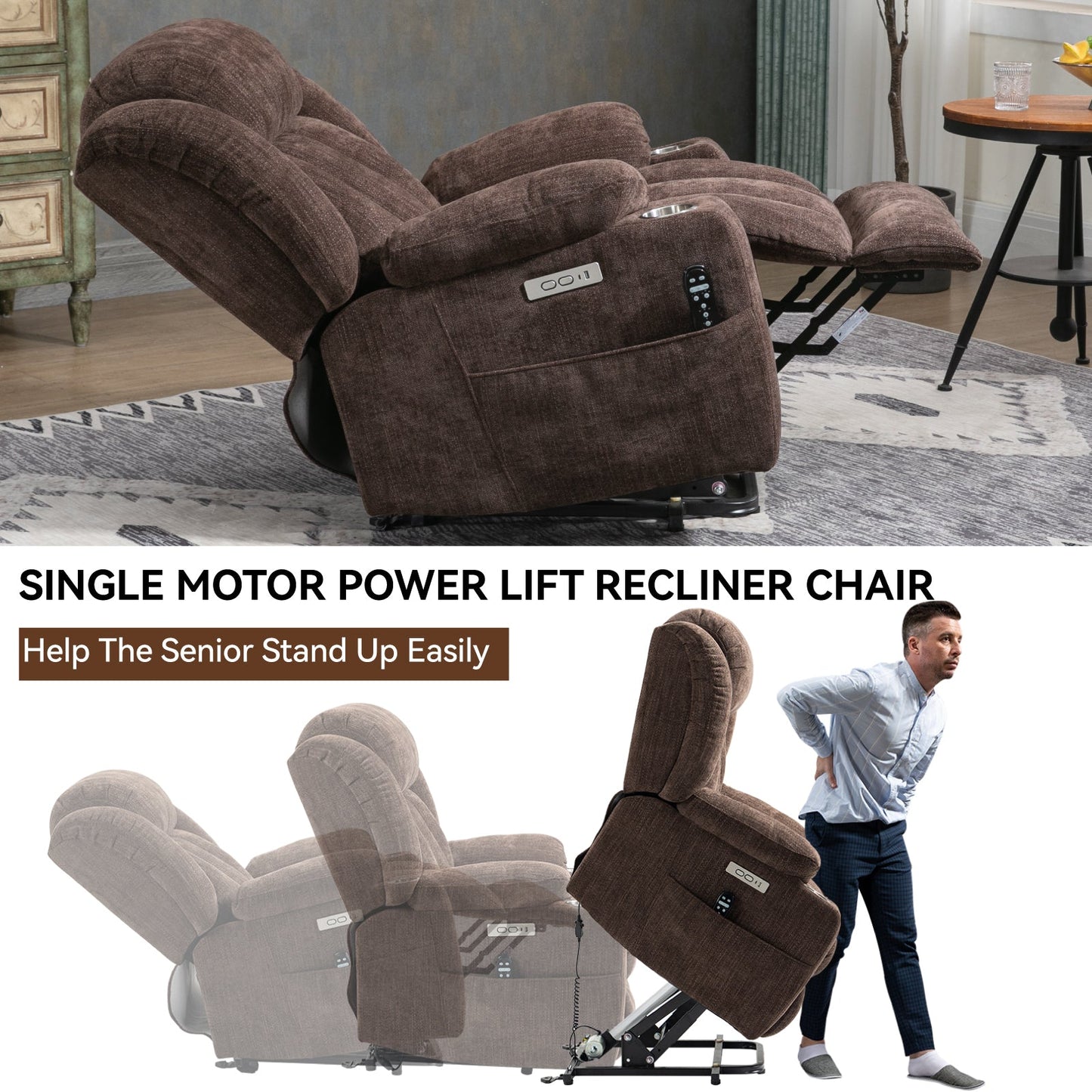 Bexley Chenille Power Lift Recliner with 8-Point Massage & Heat, Brown