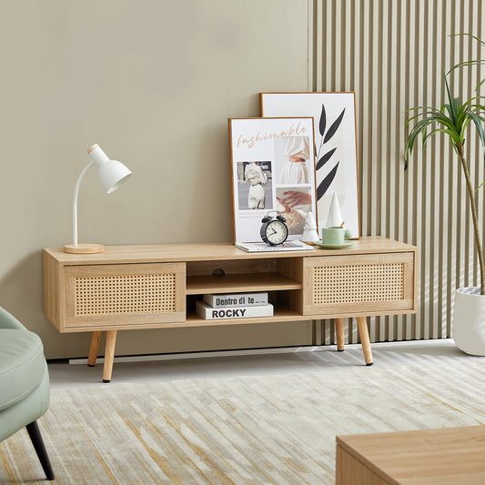 Clara Mid-Century Modern TV Stand with Rattan Doors and Angled Legs, Natural