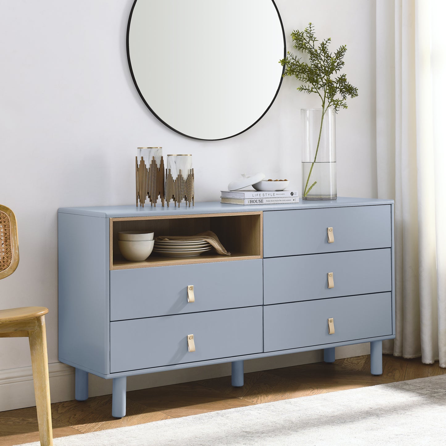 Lillian Modern 5-Drawer Accent Cabinet with Leather Handles, Blue