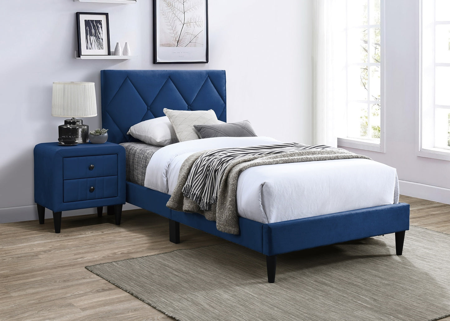 Olivia Full Platform Bed w Adjustable Headboard, Blue