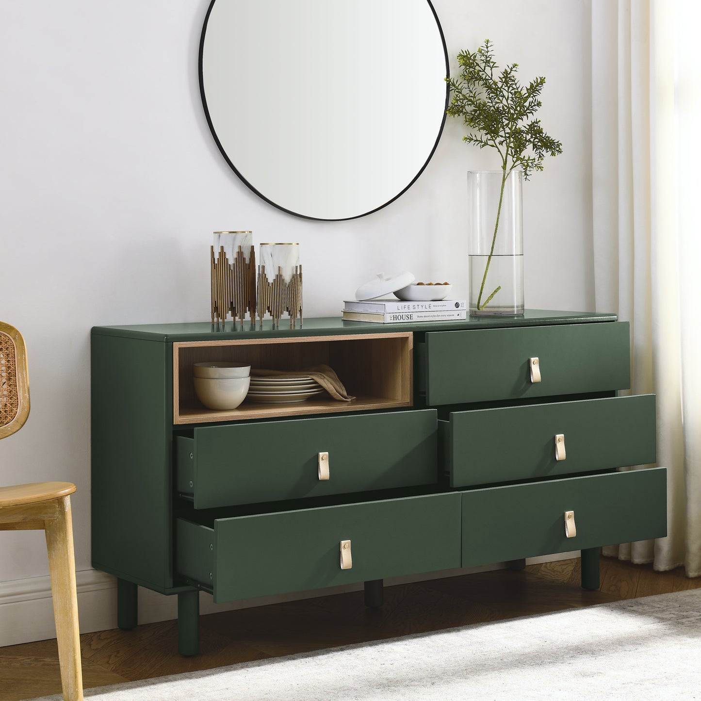 Lillian Modern 5-Drawer Accent Cabinet with Leather Handles, Green