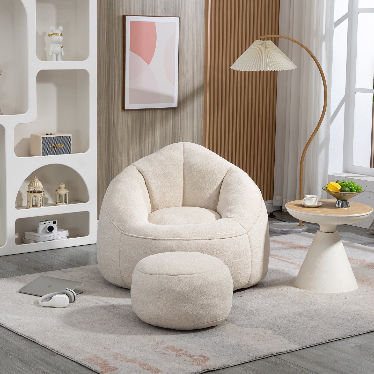 Fox 2-Piece Microfiber Beanbag Chair & Ottoman, Beige