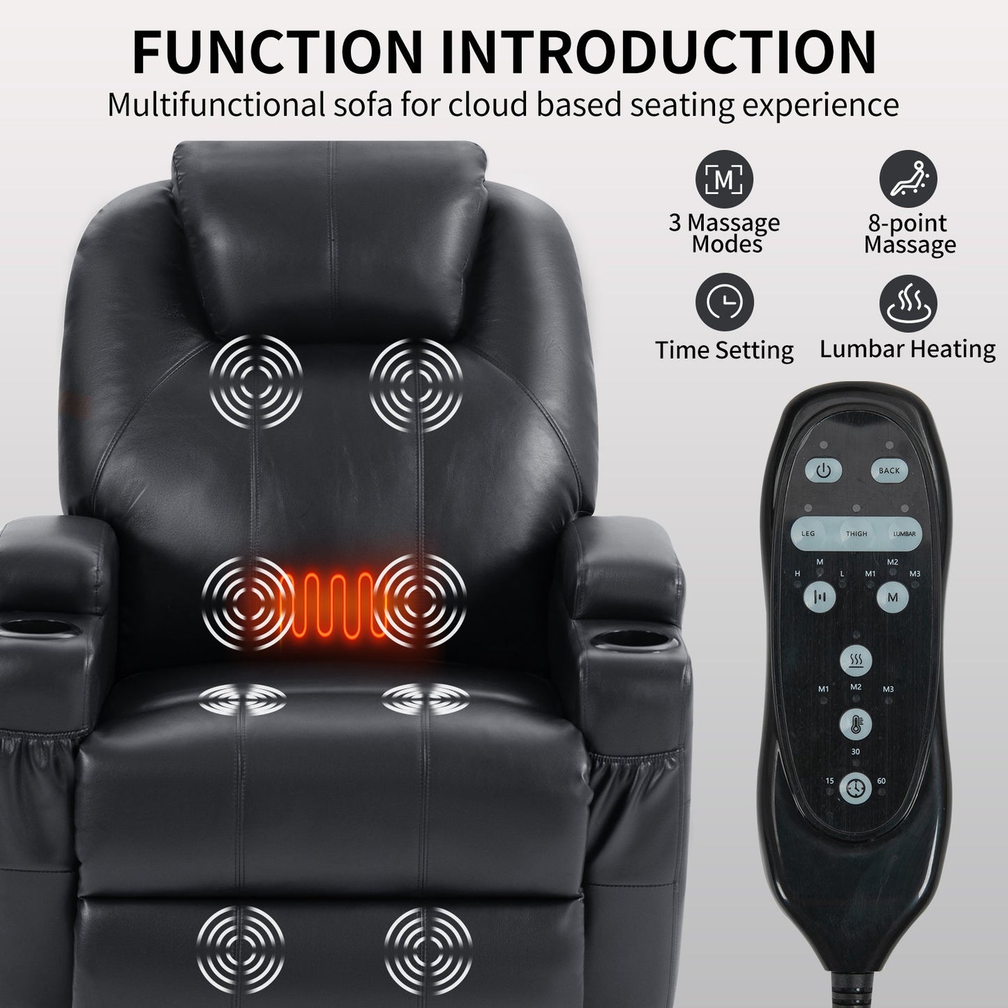 Cypress Faux Leather Power Lift Recliner with Head & Massage, Black