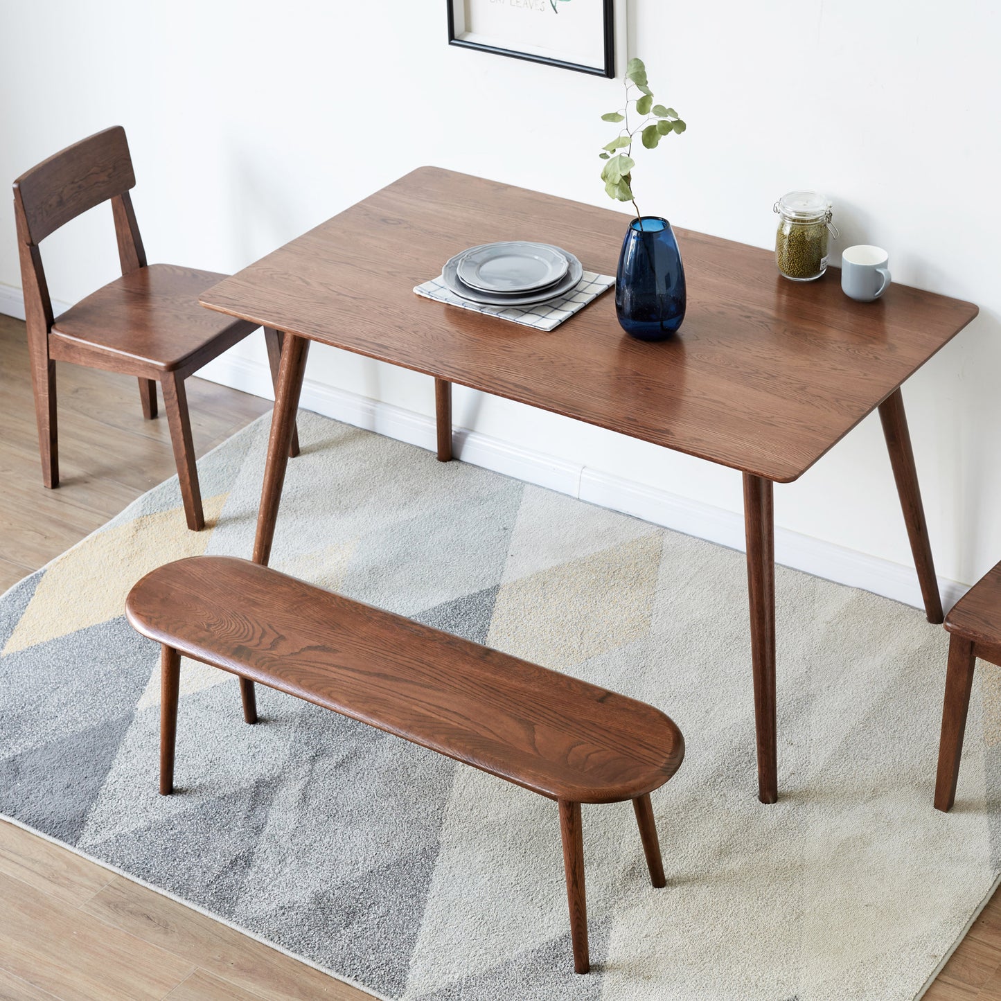 Planter Mid-Century Modern Solid Oak Bench in Walnut