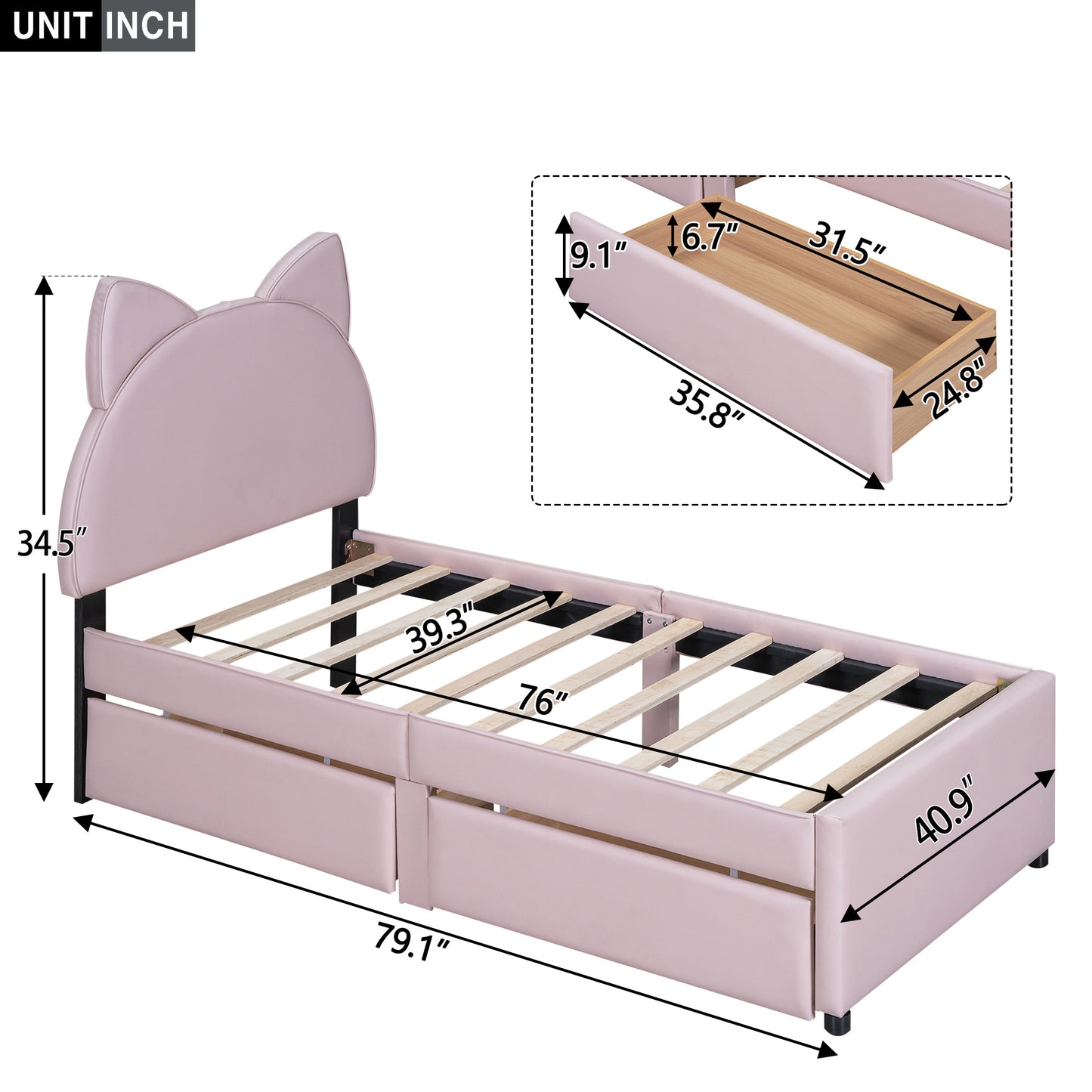 Brandy Twin Size Platform Bed with Cartoon Ears - Pink