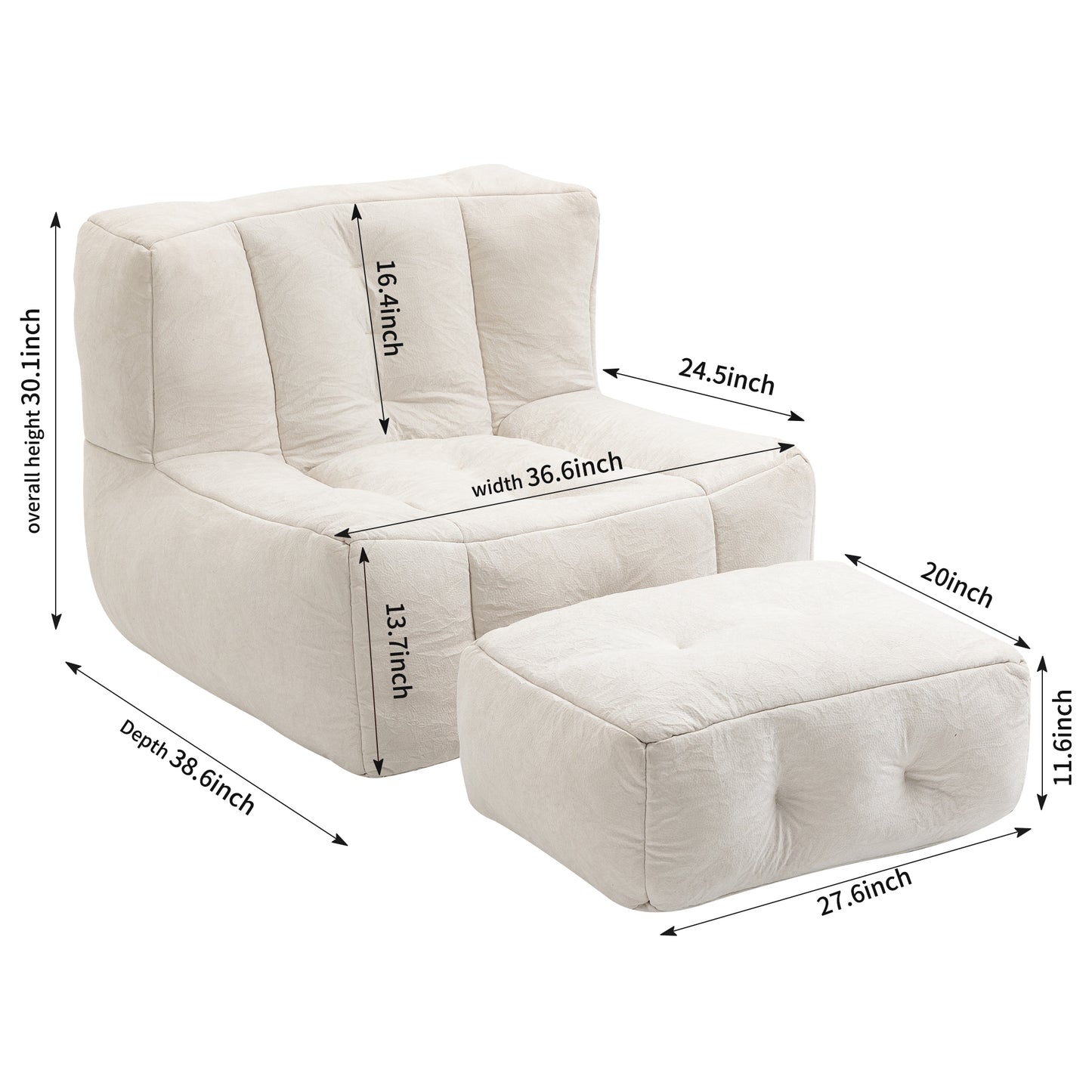 Halston 2-Piece Velvet Bean Bag Chair & Ottoman, White