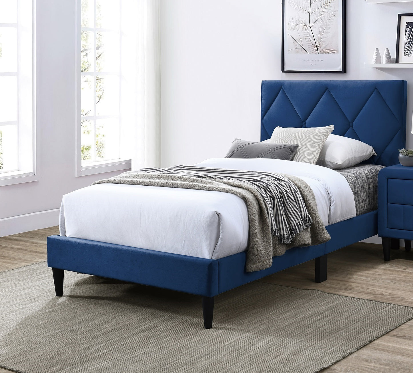 Olivia Full Platform Bed w Adjustable Headboard, Blue