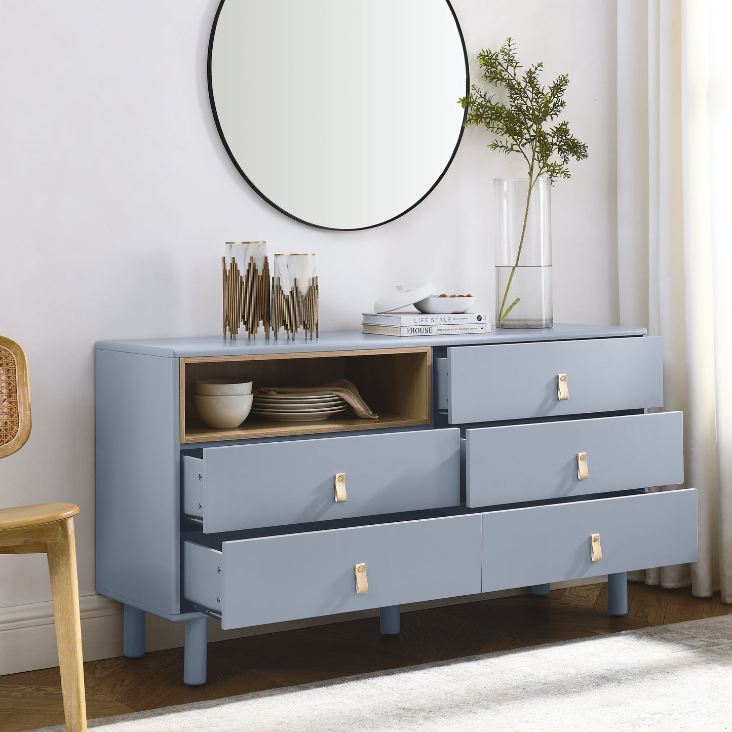 Lillian Modern 5-Drawer Accent Cabinet with Leather Handles, Blue