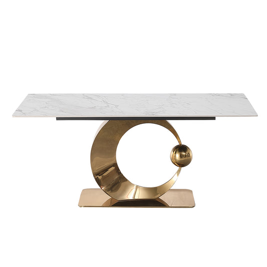 Somerset 71-Inch Stone Dining Table with Carrara White Top and Round Golden Pedestal Base