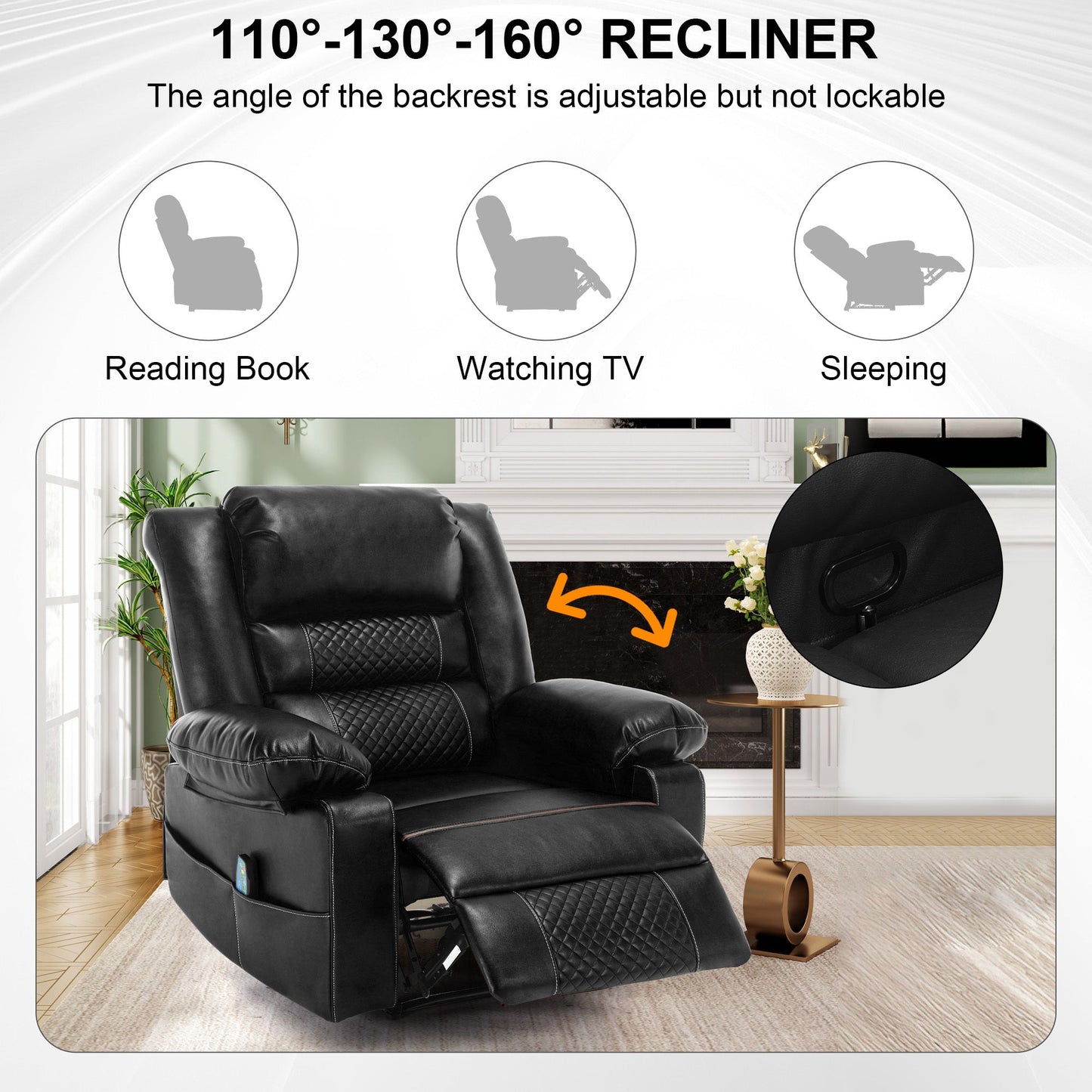 Ashton PU Leather Recliner with Head & Massage, Black