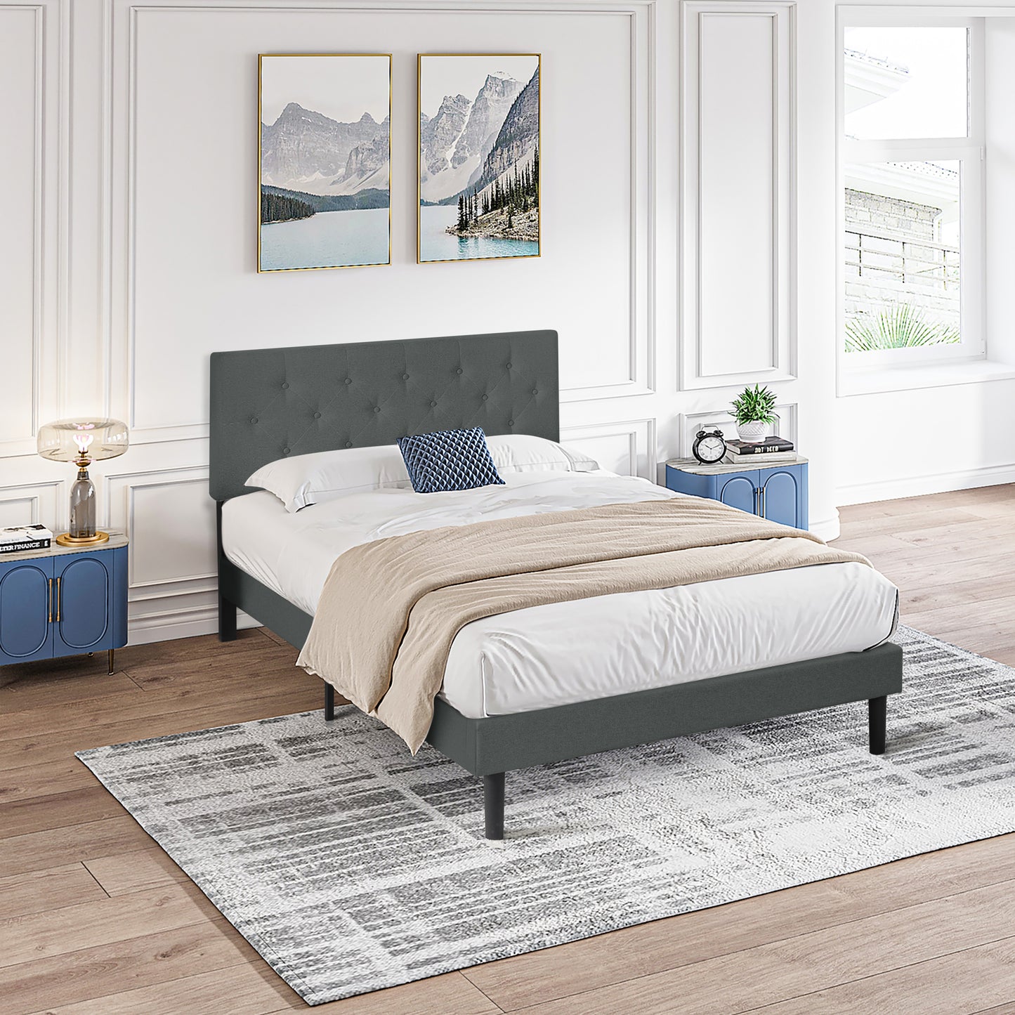 Twin Size Gray Linen Platform Bed