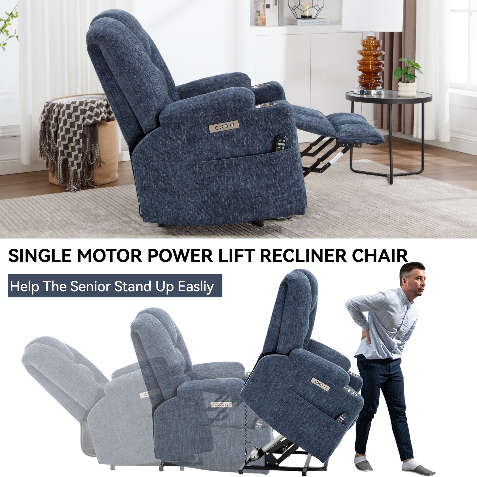 Otty Blue Chenille Power Lift Recliner with Heat & Massage