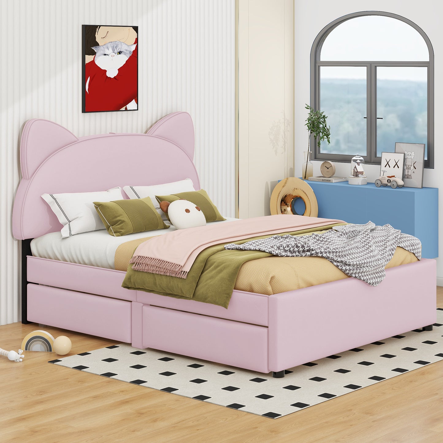 Brandy Full Size Platform Bed with Cartoon Ears - Pink