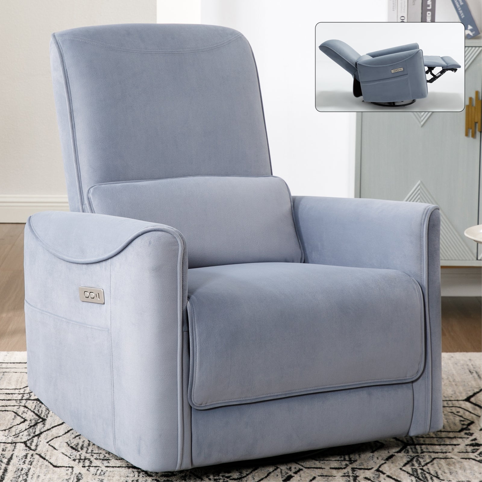 Aven Modern Upholstered Power Reclining Chair with USB, Blue