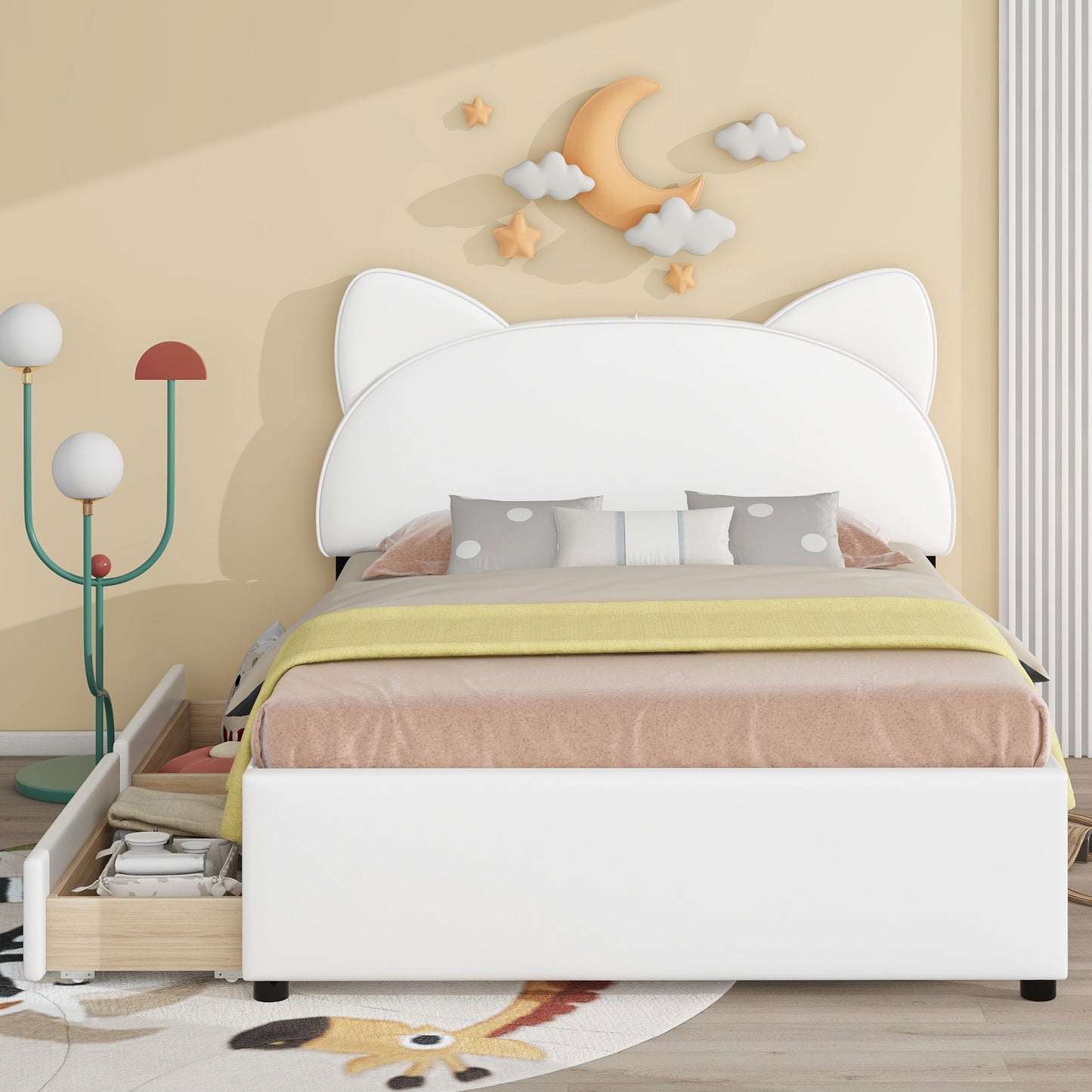 Brandy Full Size Platform Bed with Cartoon Ears - White