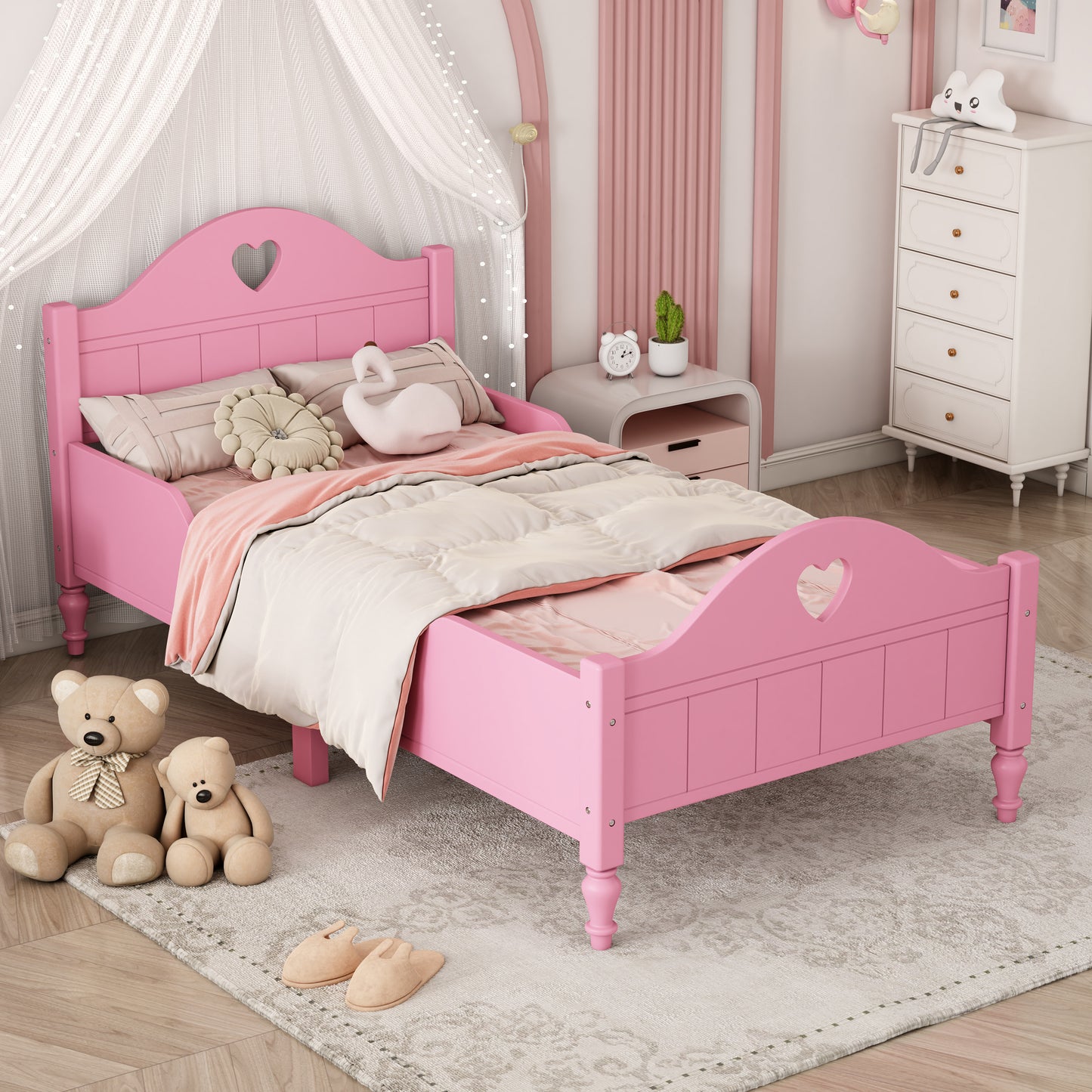 Macaron Twin Size Toddler Bed with Side Safety Rails - Light Pink