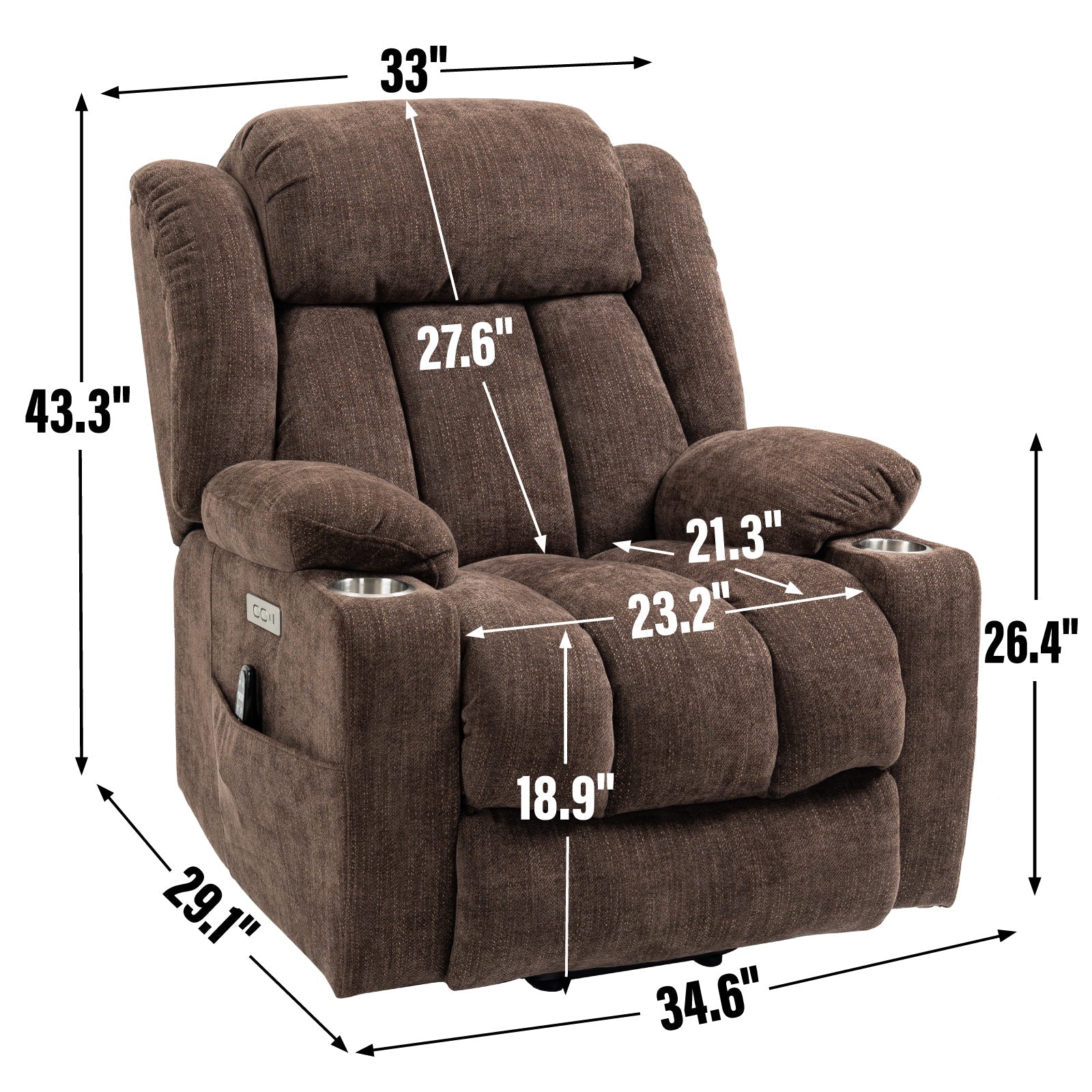 Bexley Chenille Power Lift Recliner with 8-Point Massage & Heat, Brown