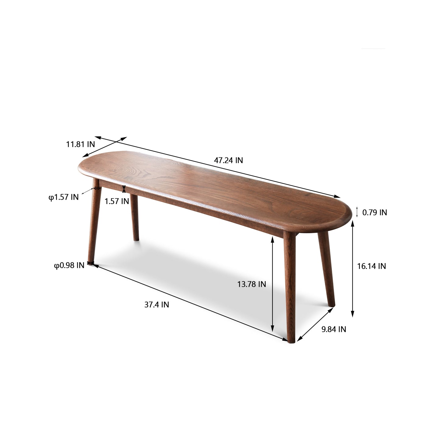 Planter Mid-Century Modern Solid Oak Bench in Walnut