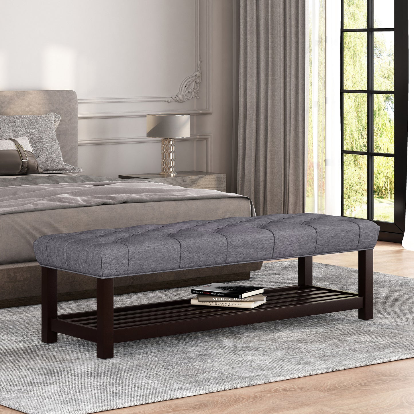 Arthur Transitional Tufted Bench with Lower Shelf, Gray