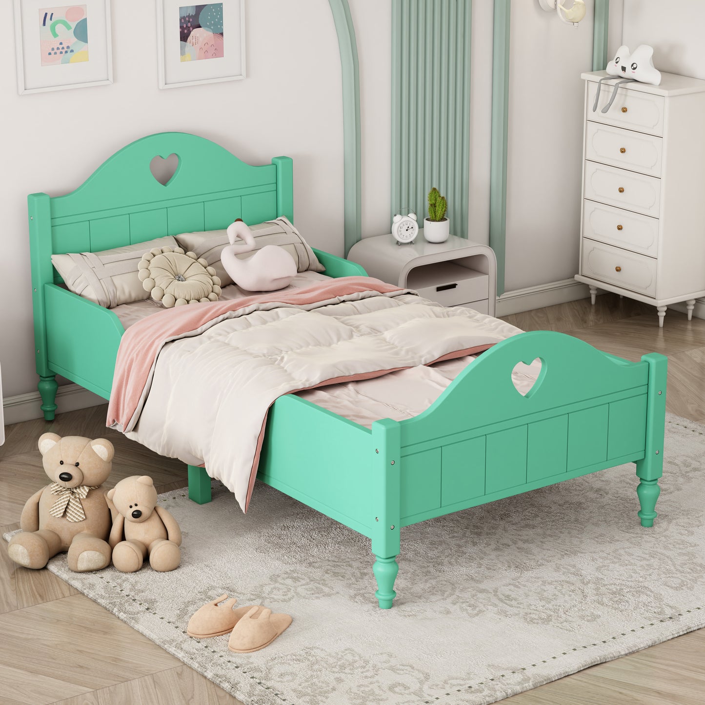 Macaron Twin Size Toddler Bed with Side Safety Rails - Seasoft Green