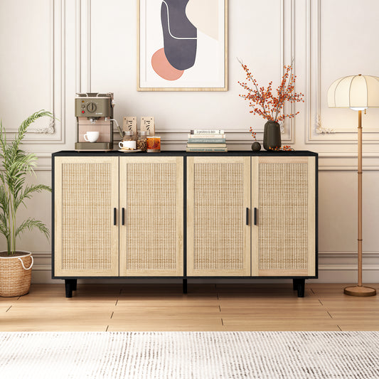 Thelma 62" Modern Accent Cabinet with Rattan Front - Black & Natural