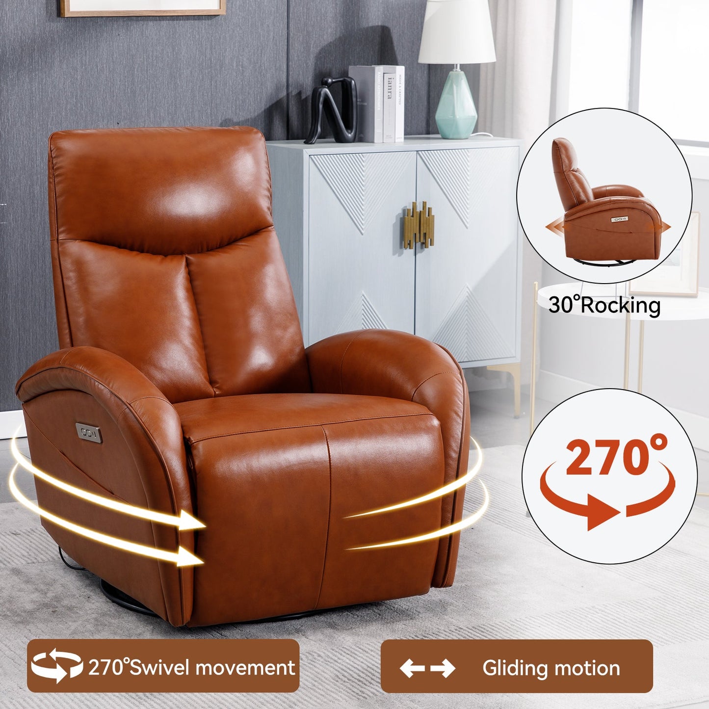 Stellen Genuine Leather Power Recliner with Lumbar Support, Yellow Brown